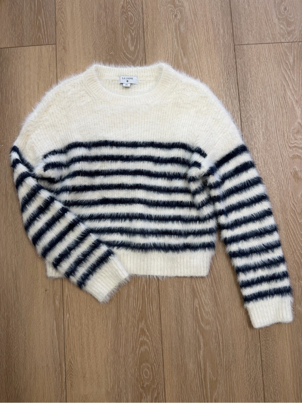 La Ligne Cream and Navy Striped Fuzzy Crewneck Sweater